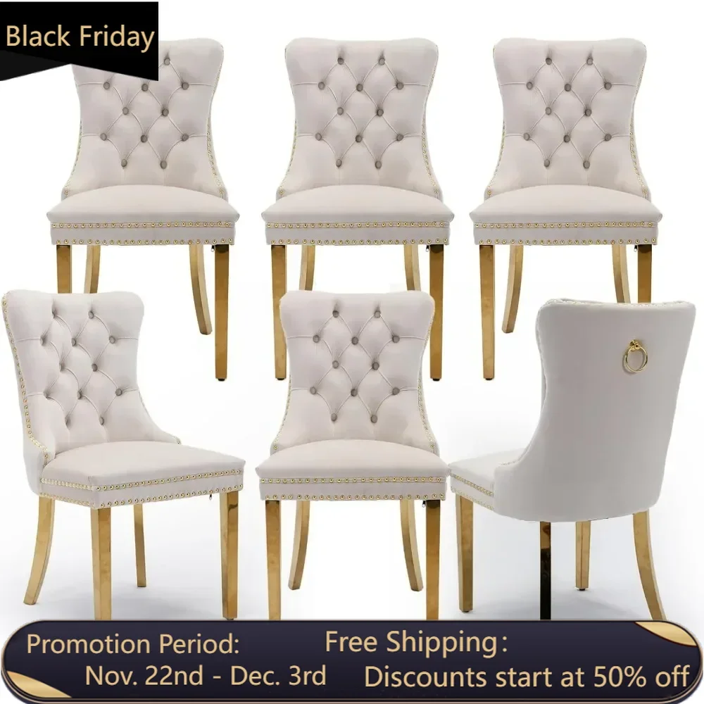 Velvet Upholstered Dining Chairs Set of 6, Nailhead Trim and Gold Plated Leg, Metal Pulling Ring, Modern Style Kitchen Chairs