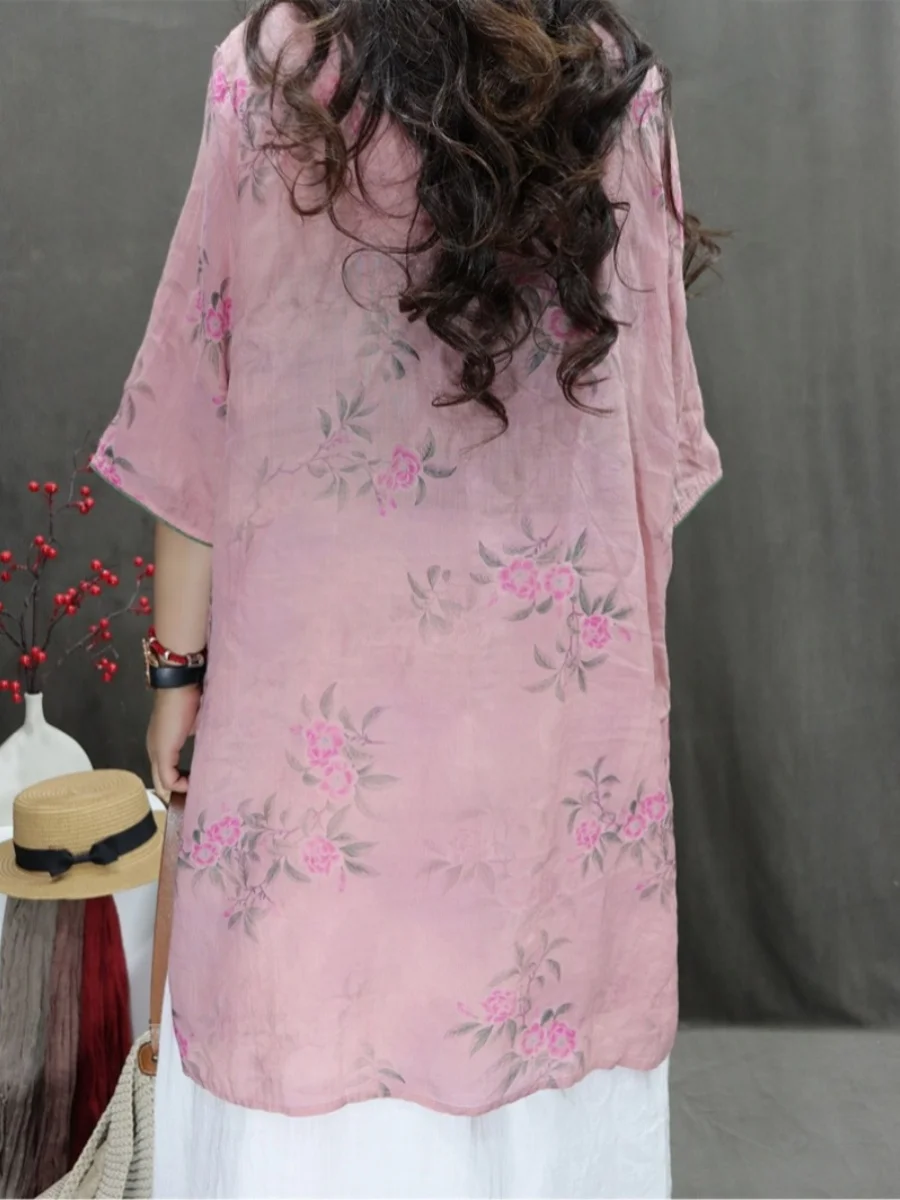 Retro cinese Sle Stampa in seta a cinque quarti Sve irt Colletto alla coreana da donna di grandi dimensioni Bottoni di media lunghezza con spacco Flor...