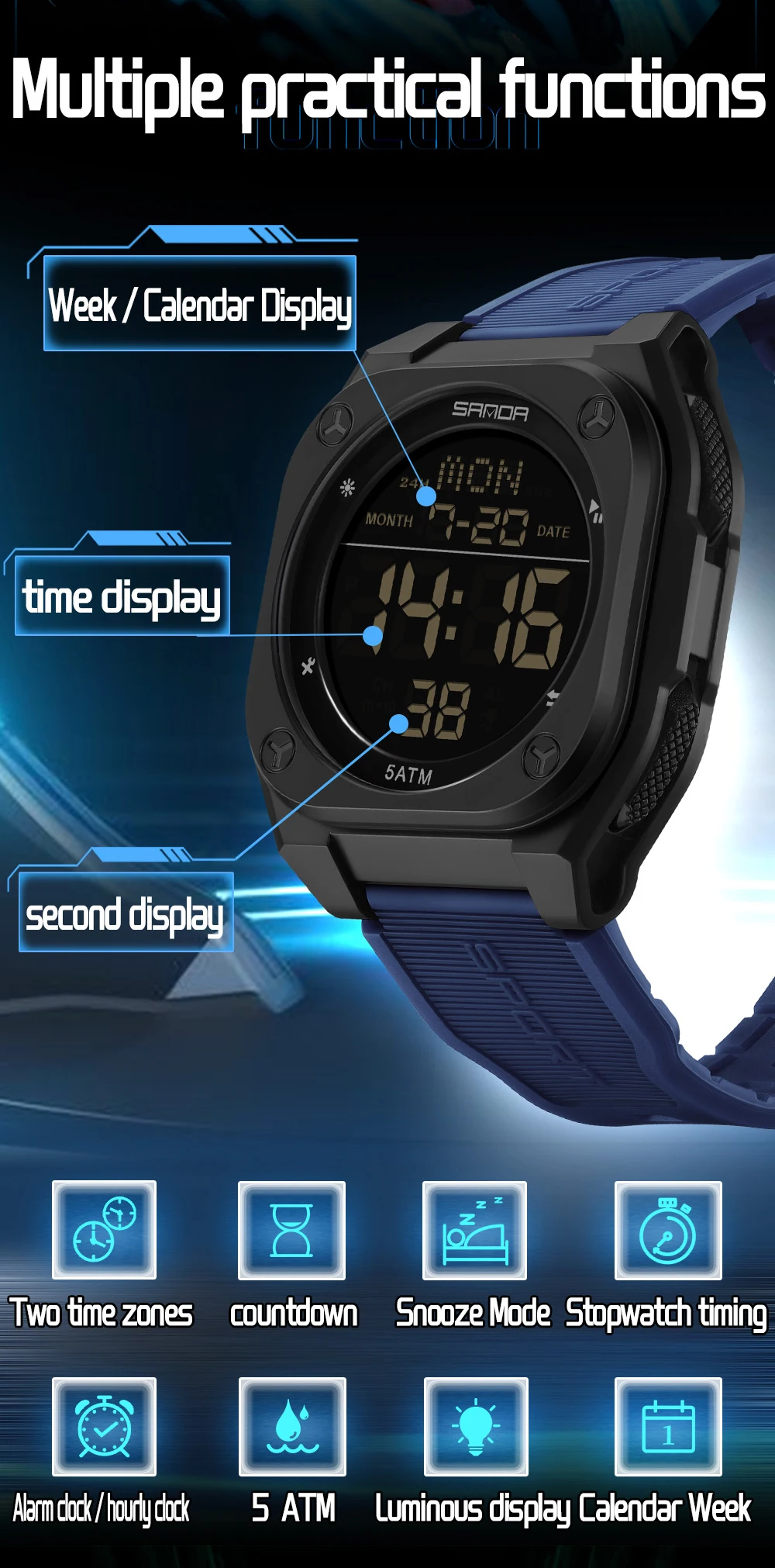 SANDA جديد 6272 ساعة رقمية إلكترونية عصرية للرجال رياضية متعددة الوظائف مقاومة للماء LED ساعة إلكترونية كاجوال للطلاب