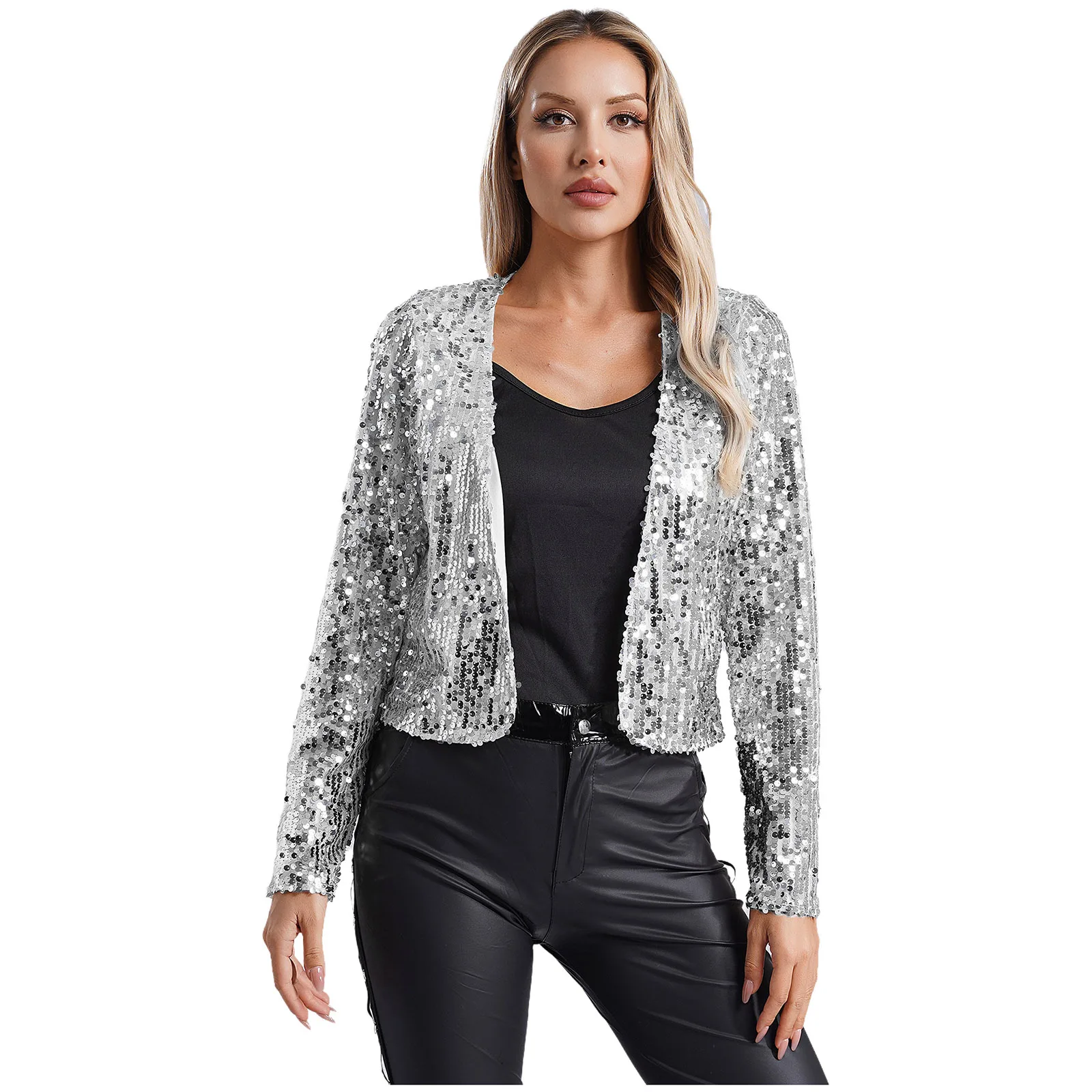 Feminino brilhante lantejoulas encolher colheita jaqueta bolero frente aberta manga longa cardigan para discoteca clube cocktail festa noite envoltório