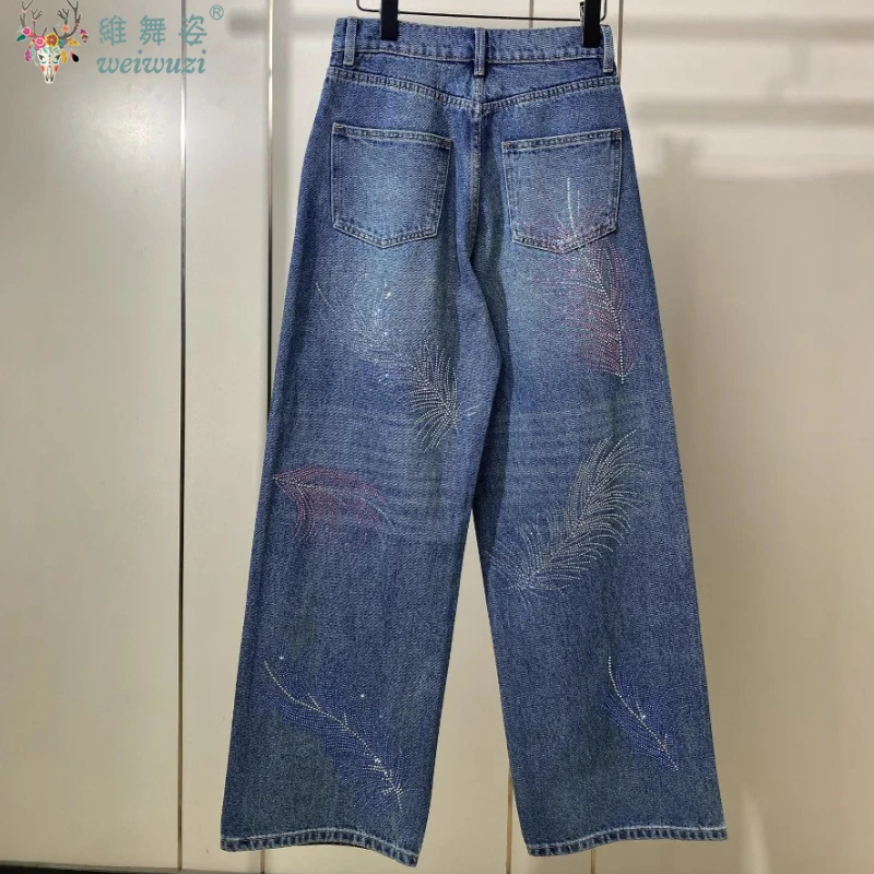 Elegant Rhinestone Feather Pattern Women's Jeans Y2k Fashion Must-have High Waist Denim Pants Causal Wide-Leg Denim Streetwear