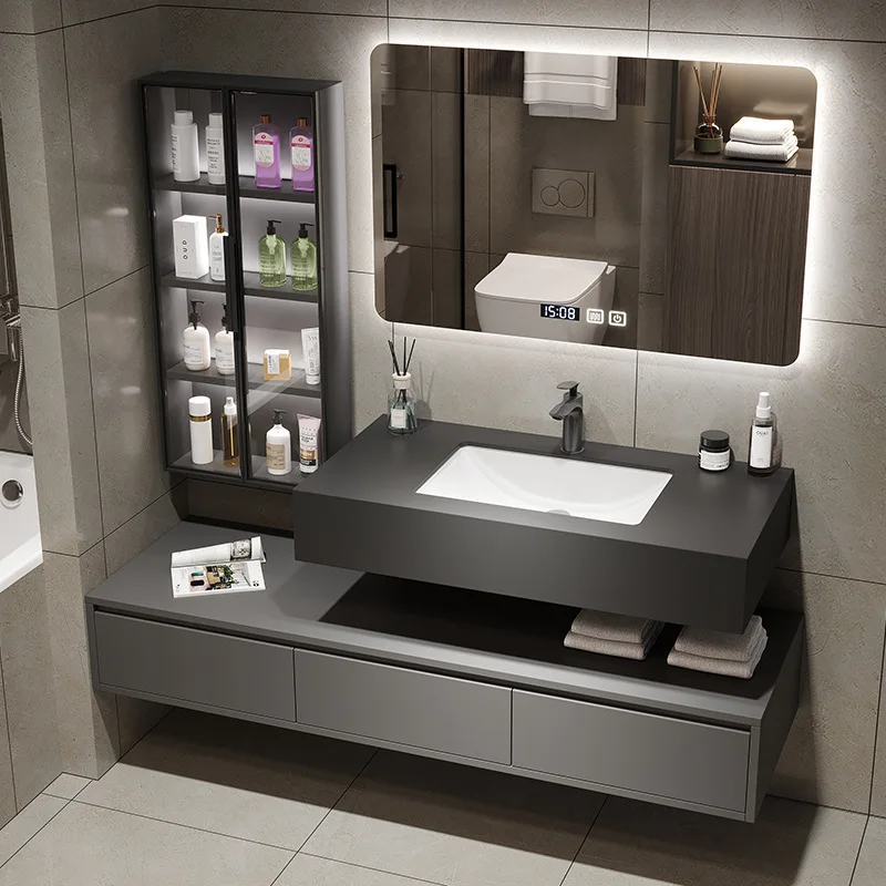 Light Luxury Bathroom Cabinets with Side Cabinet Rock Slab Ceramic Basin Bathroom Vanity Cabinet with Sink Bathroom Furniture