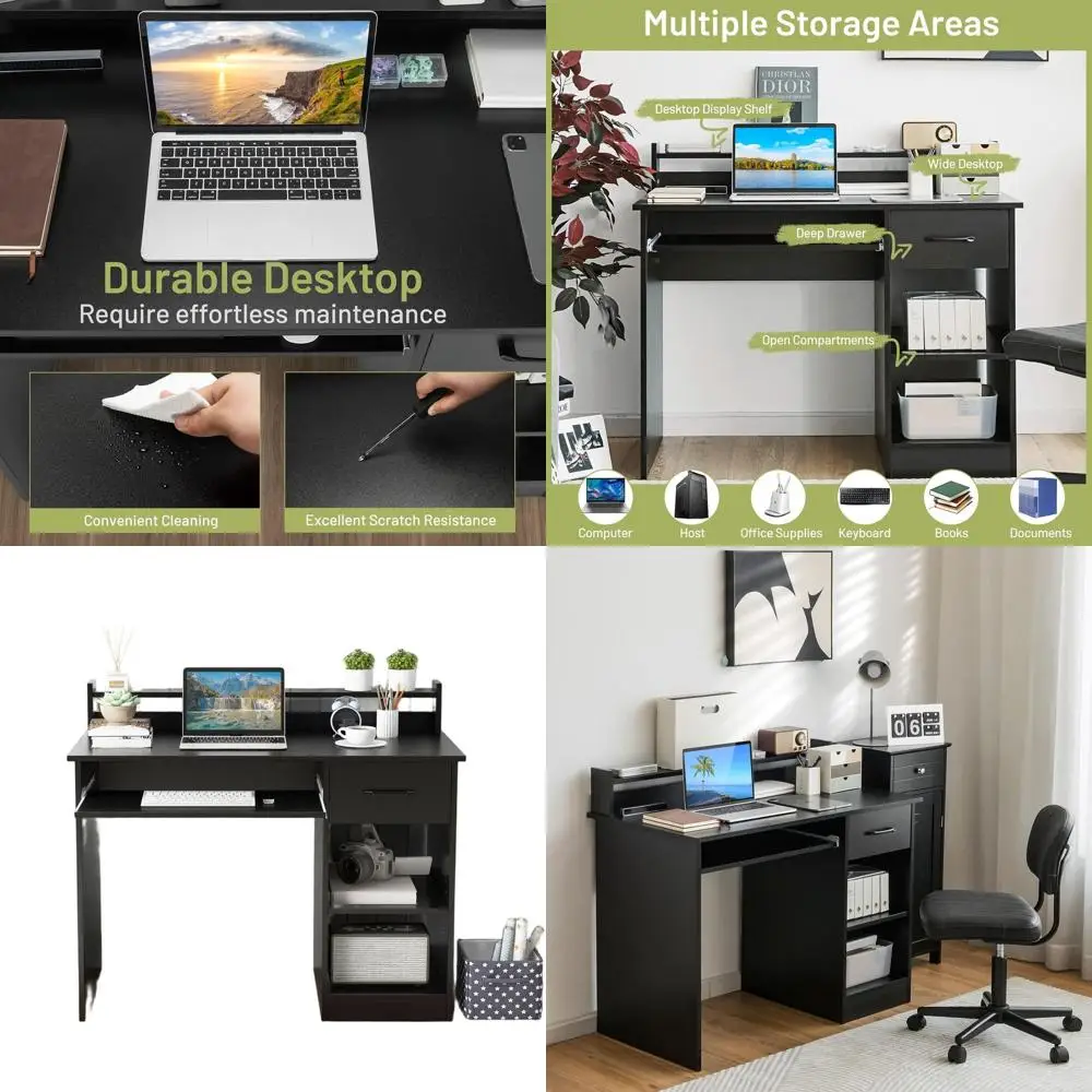 

Современный черный деревянный стол с ящиками, подставкой для клавиатуры и подставкой для монитора для компактных домашних офисов