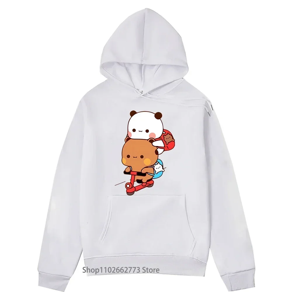 Panda and Brownie Bear Couple Bike Riding Hoodie Bubu and Dudu Print Kawaii Cute Women Long Sleeve Winter Plus Size Swaetshirt