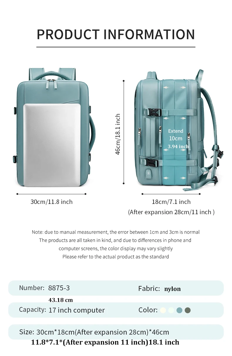 Reiserucksack für Männer, erweiterbar auf 39L, Wander- und Business-Laptop-Rucksack für Frauen, USB-Ladefunktion, 17 Zoll, wasserdichter Schulrucksack – Detail 4