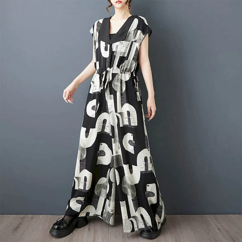 Oversize Jumpsuits Women Short Sleeve Casual Print One Piece Outfit Women Playsuit Vintage Overalls for Women Wide Leg Pants