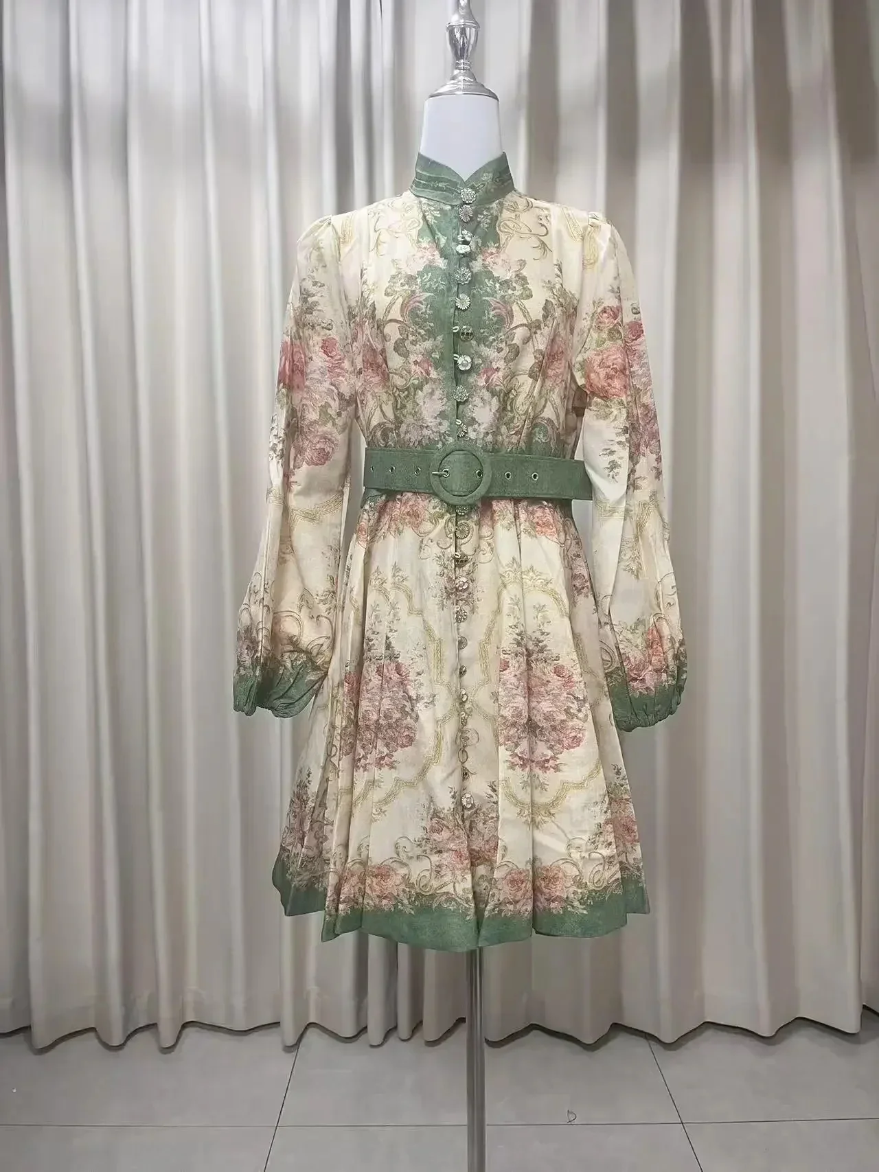 

，2025 In Stock New Positioned Printed Single Row Button Stand Collar Long Sleeve A Line Short Dress With Belt For Women