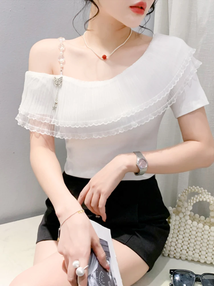Sexy Shoulder Bared Top Women's Elegant Lace Splice Short Sleeve T-Shirt Tight Street Style Half Sleeve Body T-Shirt