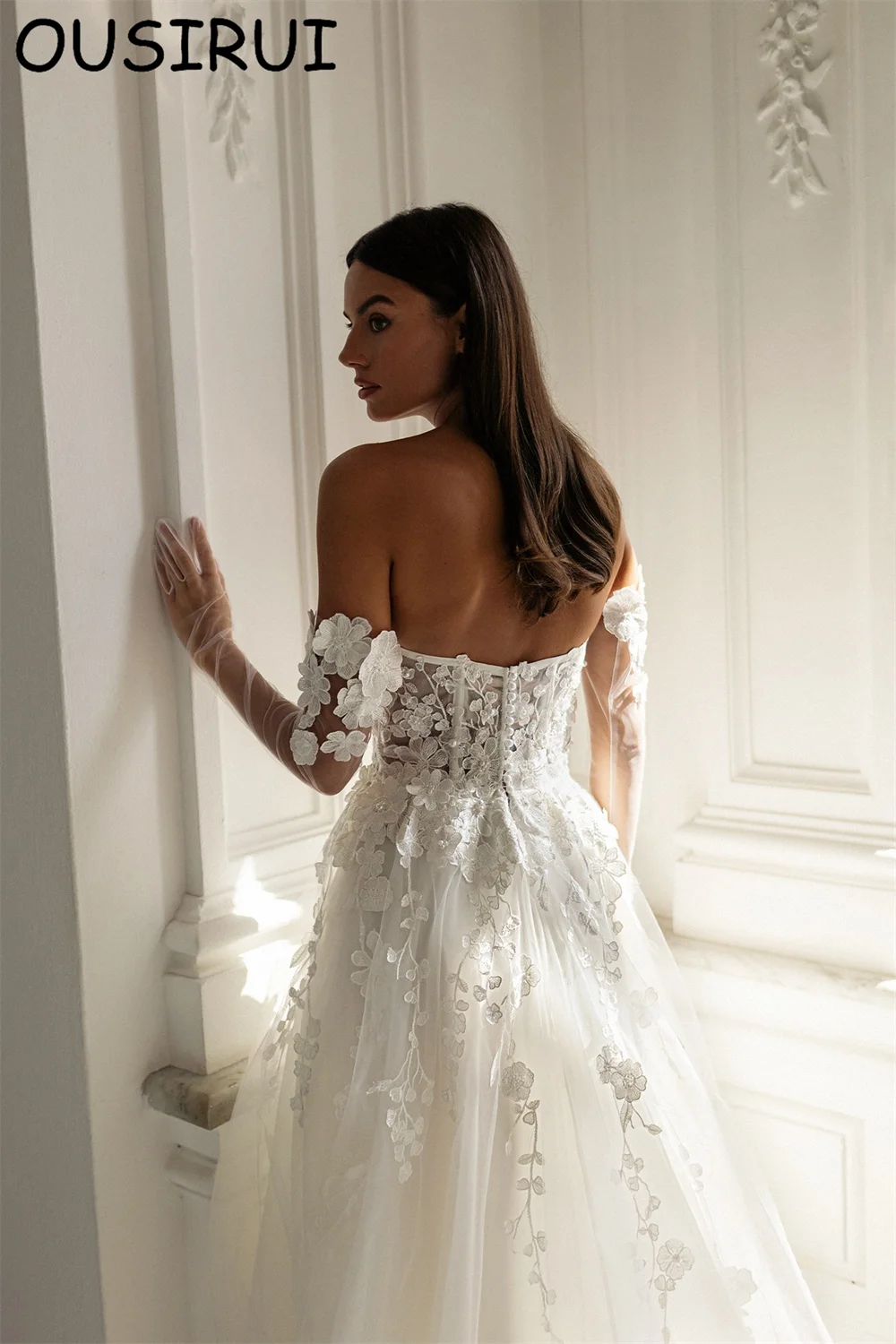 OUSIRbiomomis-Robe de mariée en tulle et dentelle pour femme, élégante, col bateau, dos nu, cour, patients de mariage