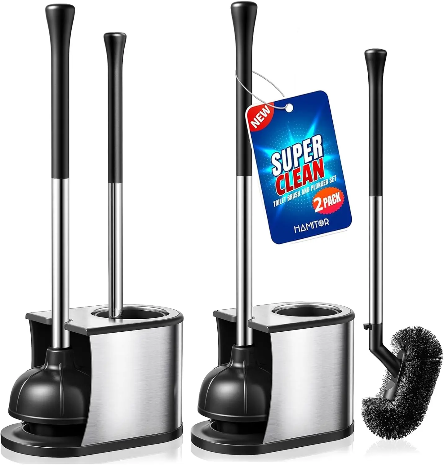 

Toilet Plunger and Brush Set: 2 in 1 StainlSteel Bowl Brush with Holder, Deep-Cleaning Curved