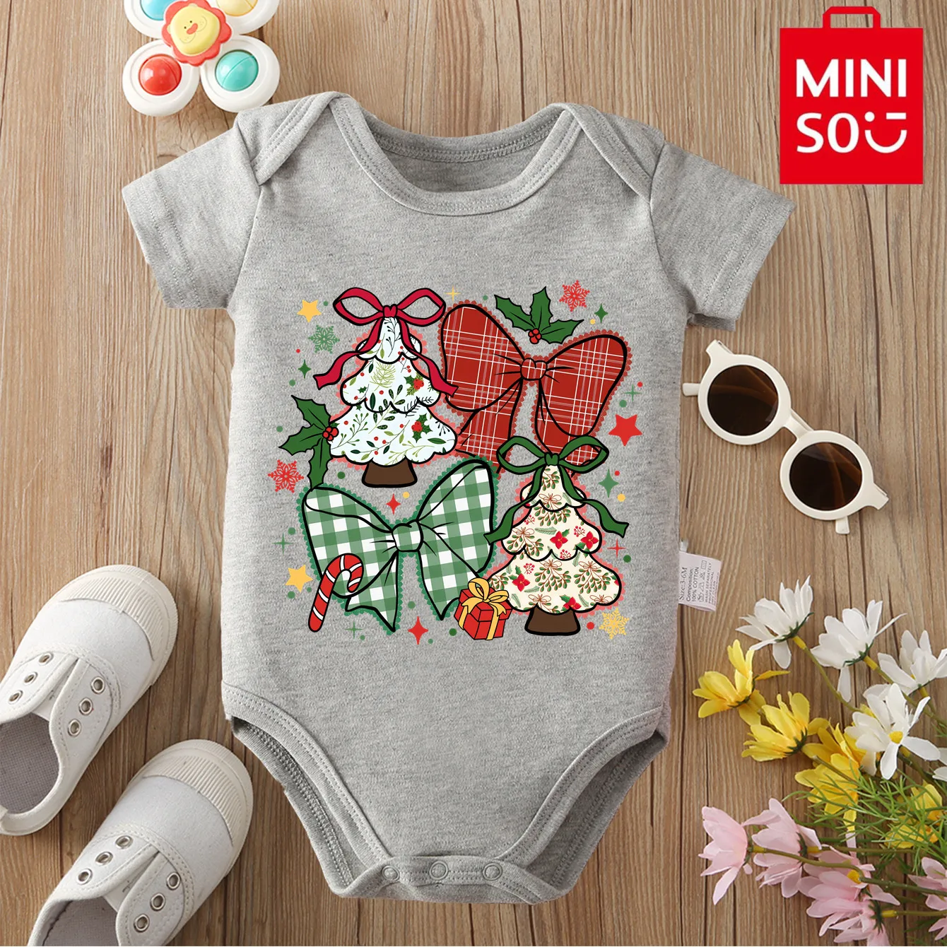 بدلة قطعة واحدة للأطفال من MINISO لعيد الميلاد الأولى على شكل قصب حلوى من القطن الخالص بدلة قطعة واحدة لعمر 0-12 شهرًا لحديثي الولادة أفضل هدية للطفل #1