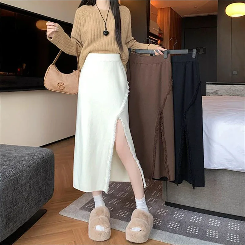 

Korean Style Side Split Knitted Skirts for Women Fashion Tassel Package Hip Midi Skirts Female Spring New High Waist Long Skirt