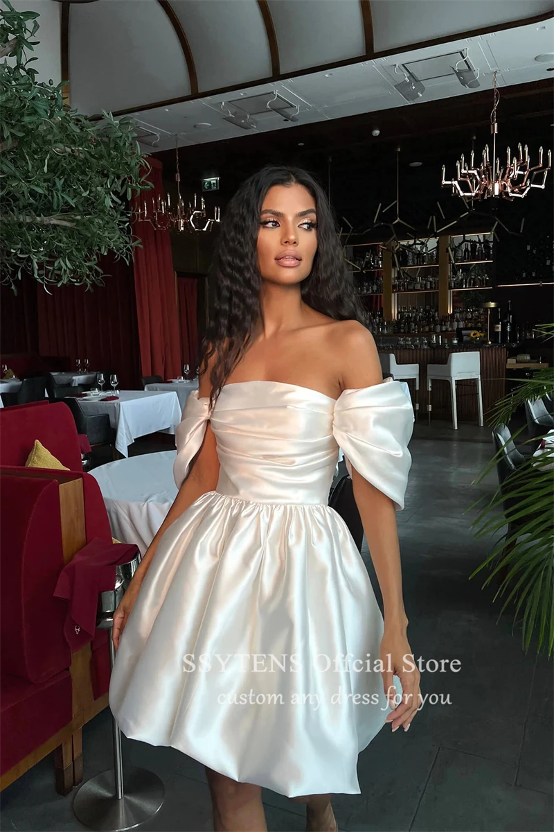 SSYTENS Simple Soft Satin Mini Bride Wedding Dresses Off The Shoulder Bride Formal Party Dress Pleats Short Sleeves Bridal Gowns