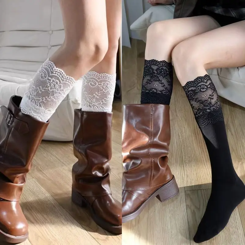 

Women's Calf Socks – Floral Lace Trimmed Ankle Socks with Breathable Cotton, Large Floral Design for Casual & Sportswear