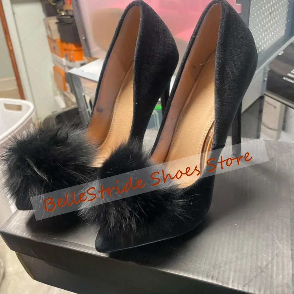 

Black Pointed Toe Fur Decor Shallow Pumps Women Shoes Stilettos High Heels Fashionable Dinner Party 2025 Zapatos Para Mujeres