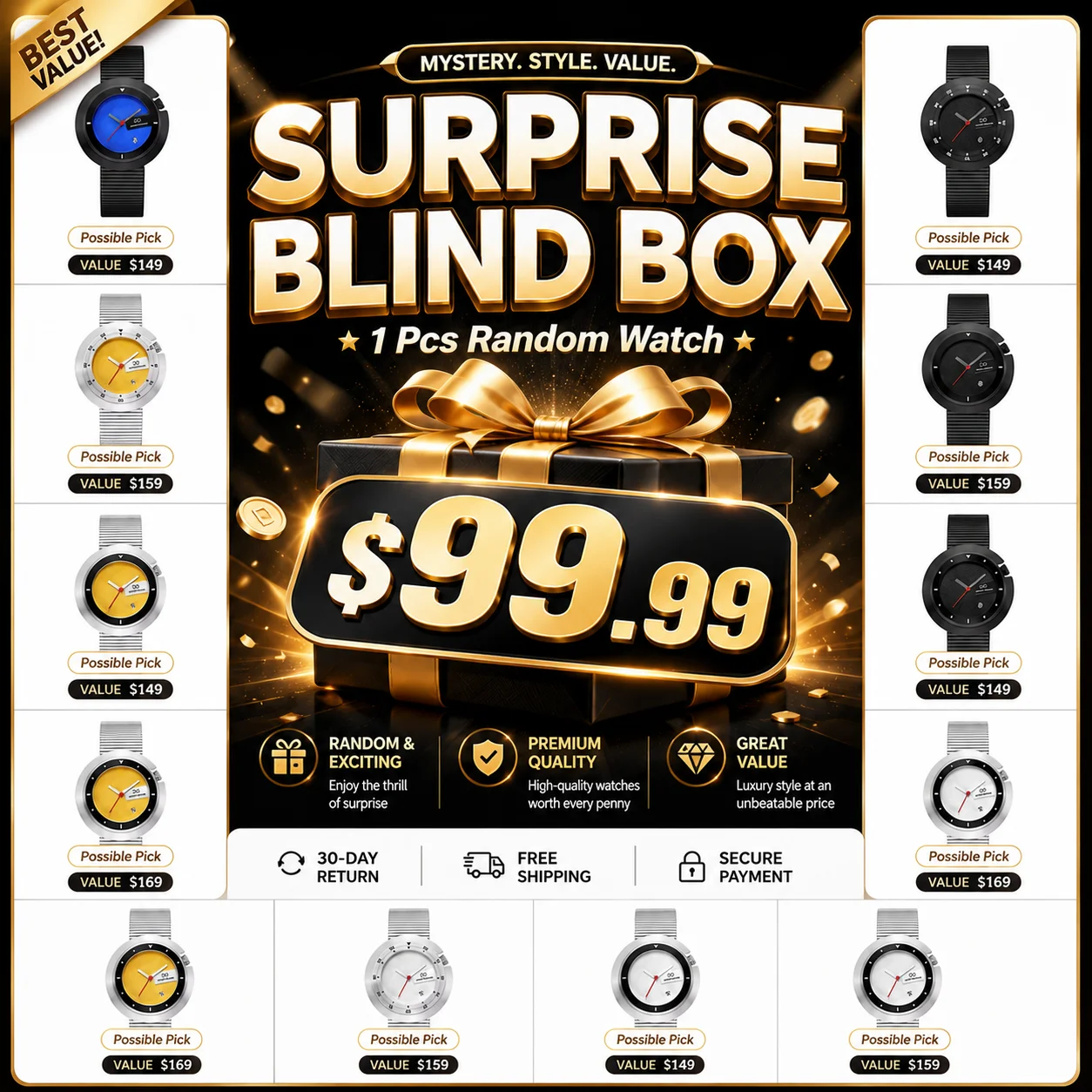 

1 Pc Random Mystery Box one Package Quartz Timepiece Surprise Gift Authentic Edition Unboxing Experience Lucky Dip Draw DG9317