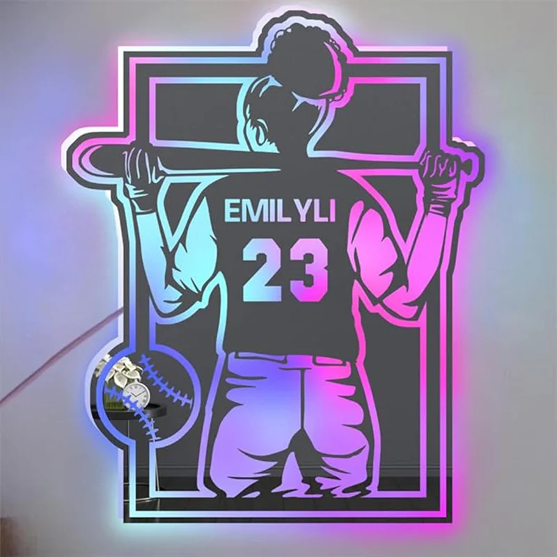 

Personalized Softball Player LED Mirror Light Up Sign,Custom Name & Number Softball Wall Art, Customized Softball Neon Light