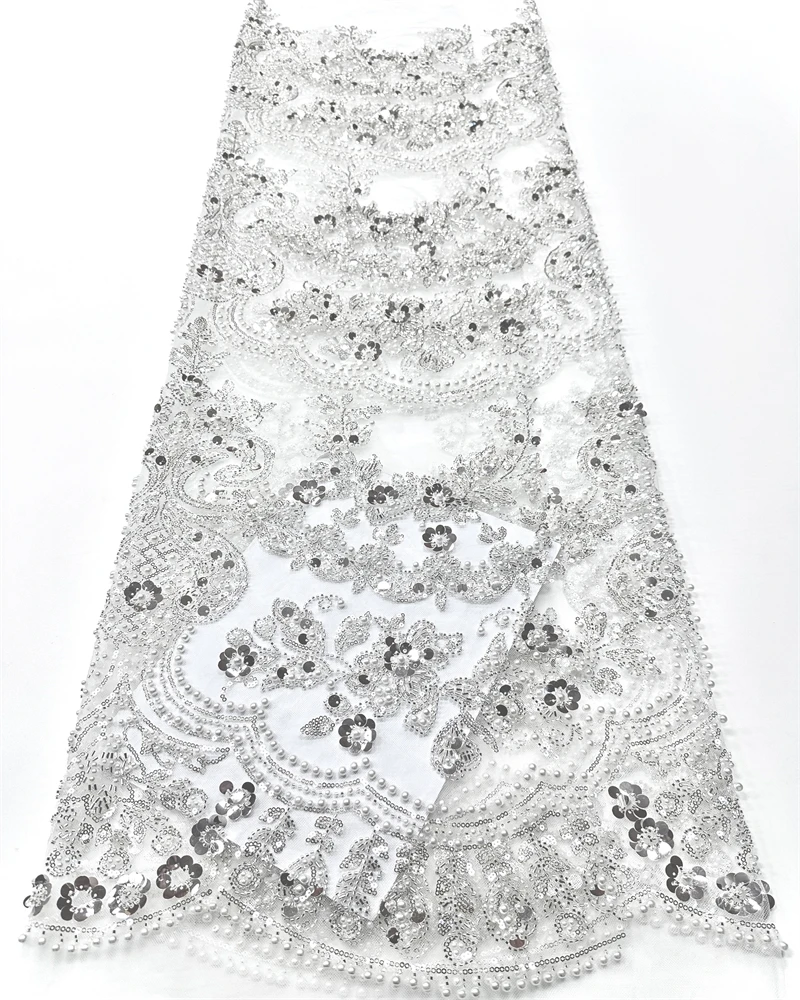 高品質のアフリカ産フランス製手作りビーズ生地2025縫製用スパンコール刺繍ナイジェリアレース生地（結婚式用）