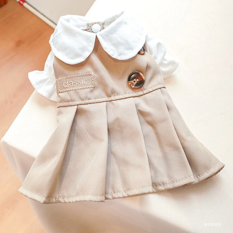 1PC Pet Apparel Cat Spring/Summer Breathable Khaki Academy Style Pleated Princess Dress Suitable for Small and Medium sized Dogs