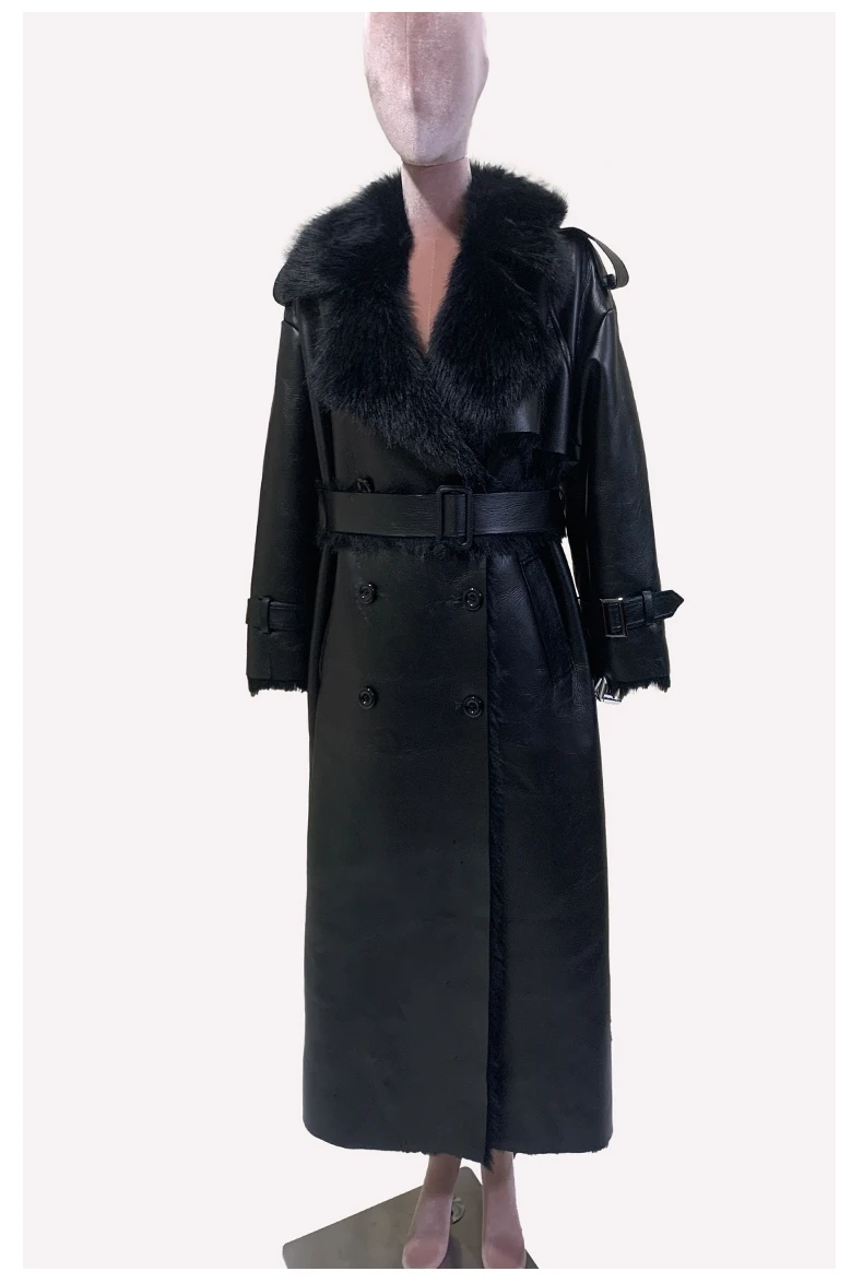 Nerazzurri Winter Long Oversized Thickened Warm Black Fluffy Faux Sheepskin Coat Women Double Breasted Loose Furry Overcoat 2024