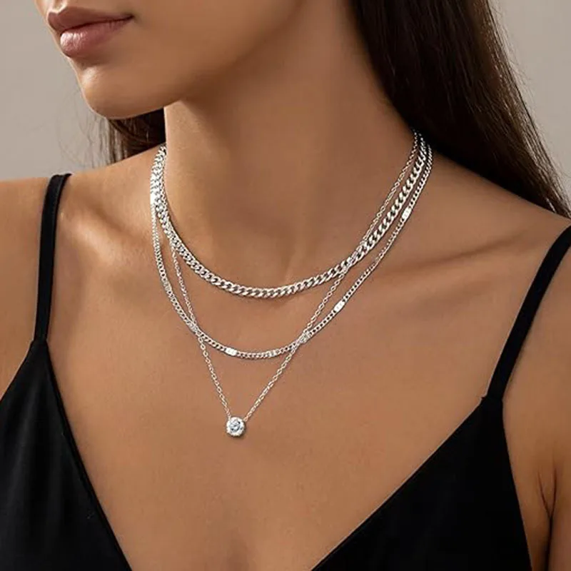 Collar de Tres Capas a la Moda de Abestecom, Collar con una Sola Piedra de Moissanita Redonda, Collares Desmontables para Mujer, Regalos de Boda y Compromiso