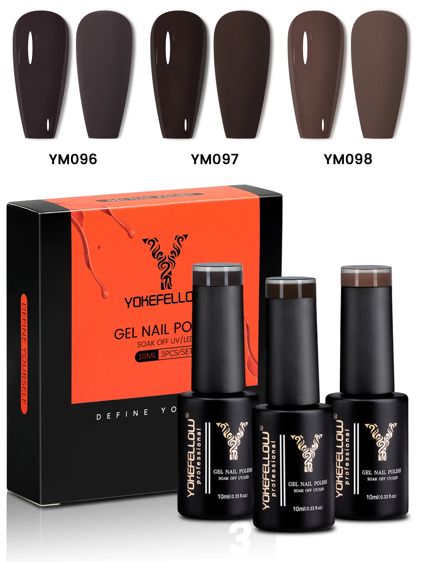 Yokefellow gel unha polonês10ml cinza marrom 3 cores/conjunto embeber fora uv luz cura gel polonês para arte do prego diy manicure em casa