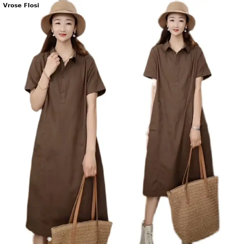 Dress Women's Summer 2024 New Arrival Ladieswear Elegant Slim Looking Casual Short-sleeved Shirt Dress Linen Straight Skirt