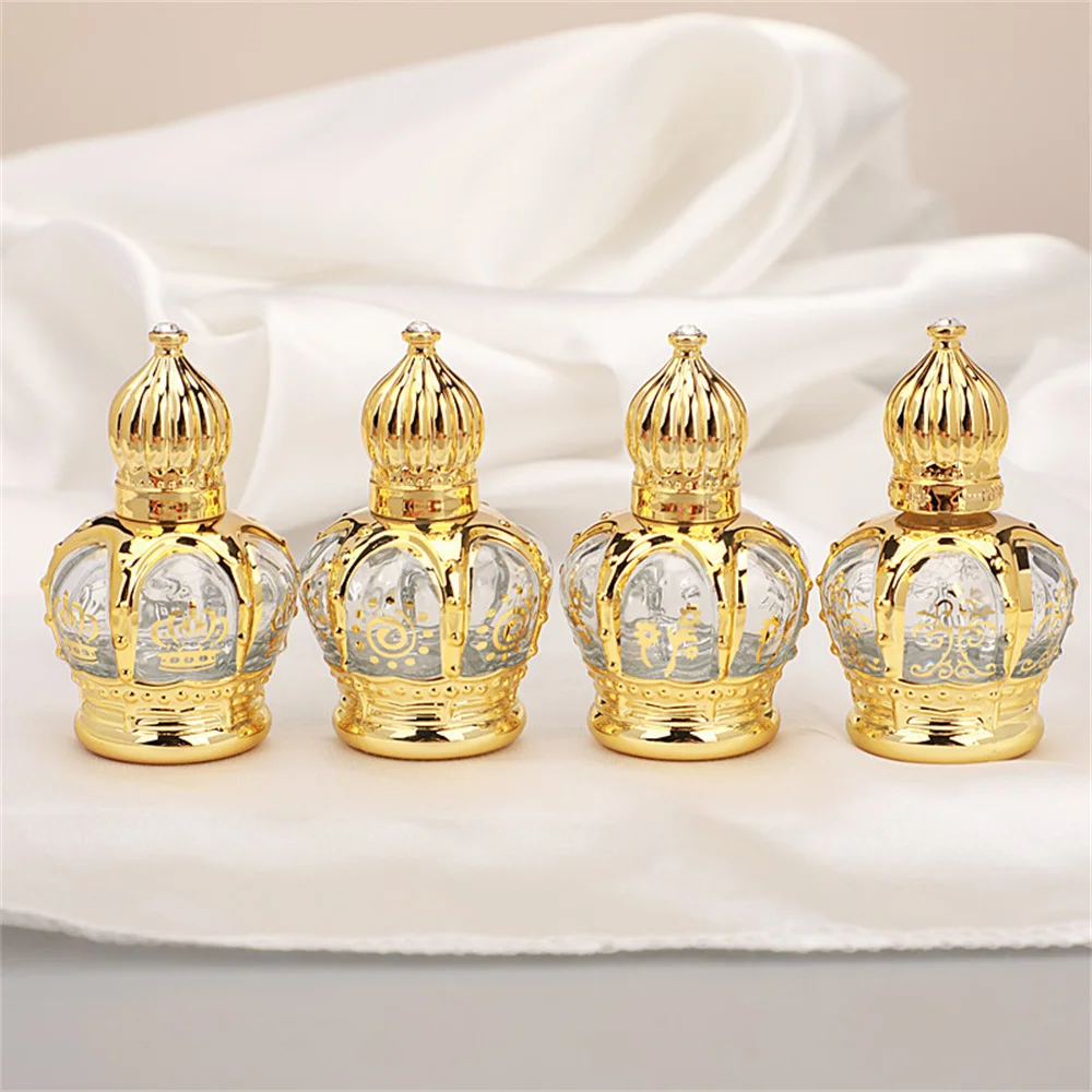 15ml Roller Perfume Bottle Portable Travel UV Electroplated Gold Crown Shape Essential Oil High-end Carve Glass Empty Bottle