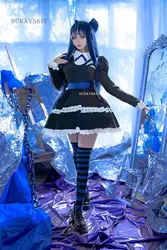 Panty & Stocking With Garterbelt Stocking Anarchy Cosplay Costume Black Dress Uniform Long Wig Bow Tie Hairpin Striped Stockings