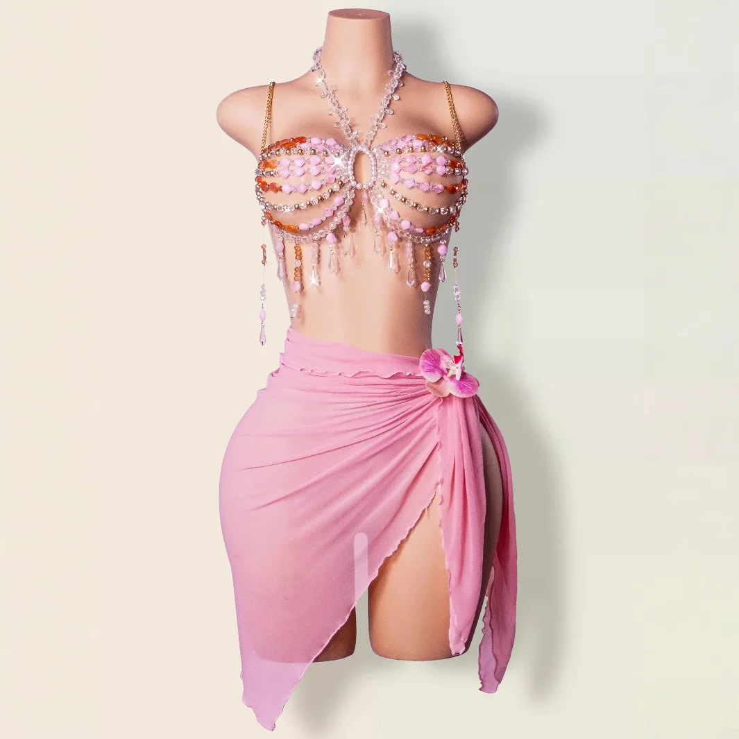 

Colorful Beaded Body Chain For Women, Niche Halter Neckline Lace-Up Sexy Bra, Nightclub Hot Girl Beaded Strapless Top
