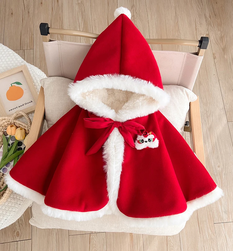 

Winter Plush Coat Elk Hoodie Lamb Fleece New Year Thicken Hooded Cloak Baby Girl 0-3Y Toddler Cape Merry Christmas Red Jacket