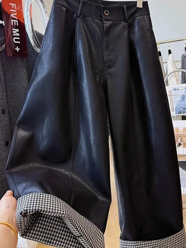 

Большие размеры 300, осенние повседневные брюки в клетку с высокой талией, женские широкие кожаные брюки, прямые брюки с манжетами для пар