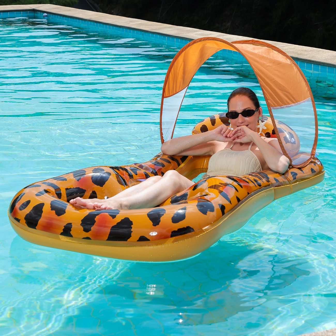 

1PC Inflatable Pool Float, For Splashing About, Made Of PVC, Featuring Cup Holders And A Comfortable Lounger With A Sun Canopy