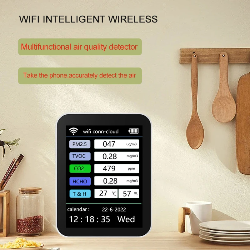 Detector de calidad del aire Hcho Tvoc Co Co2 Pm10 6 en 1 Pm2.5 probador de calidad del aire doméstico multifuncional Detector de Gas portátil