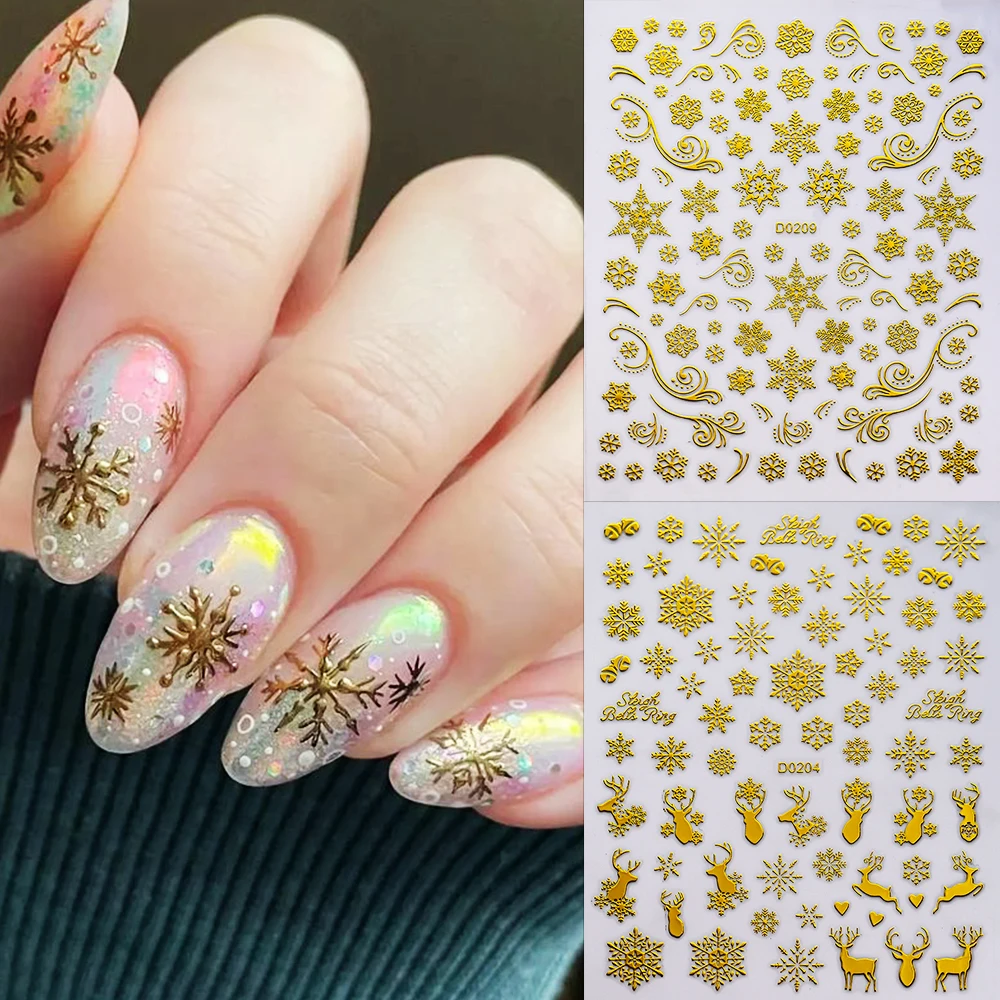 1pc Winter Xmas 2025 New Year Nail Stickers Christmas Laser Snowflake Bow Elk 3D Nail Decals Gold Red Christmas Manicure Sliders