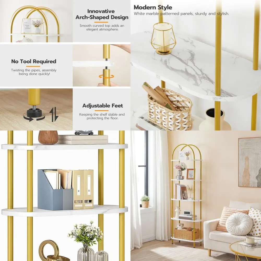 

Industrial Style 5-Tier Open Bookshelf, Metal Frame Wooden Storage Rack, Home Decor Display Shelf, Easy Assembly, Gold