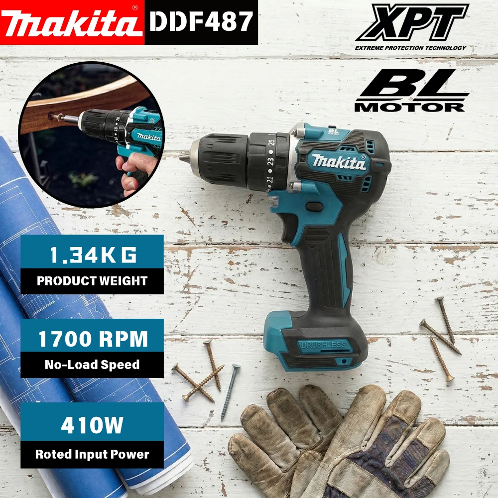 MAKITA DDF487 18V Brushless Drill Compatible with Makita 18V LXT Battery 10mm Chuck 1700RPM Variable Speed for Home DIY Workshop