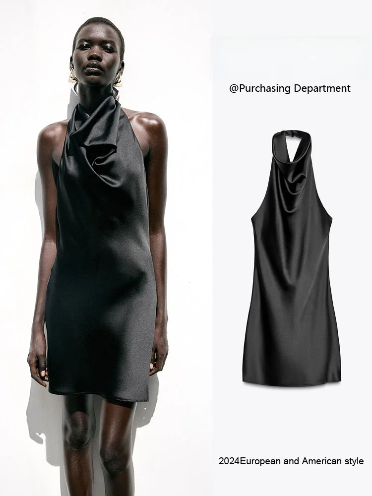 فستان صيفي جديد للنساء، قصير، بدون ظهر، من الساتان الحريري، ذو ياقة معلقة، مناسب للحفلات، بطول قصير، بلون واحد.