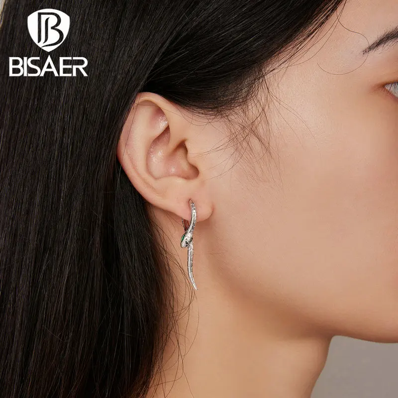 BISAER 925 Sterling Silver Snake Hoop Earrings Green Zircon Animal Ear Clips Plated Platinum For Women Party Fine Jewelry EFE792 image 4