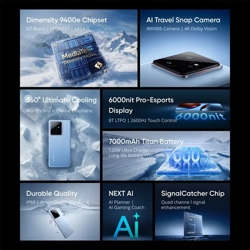 [النسخة الروسية] كاميرا Realme GT 7 5G الذكية الأبعاد 9400e بطارية 7000 مللي أمبير في الساعة 120 وات شحن IMX906 OIS IP69 NFC GT7