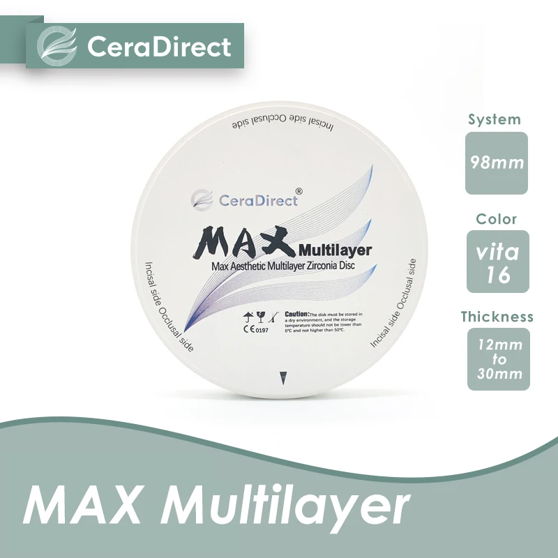 

Многослойный циркониевый диск Ceradirect MAX для зуботехнических лабораторий, 98 мм, прозрачность 45%-57%