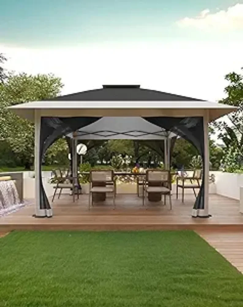 

Gazebo 12x12 Outdoor Canopy Shelter Pop Up with Mosquito Netting 4 Stanbags Instant Tent for Lawn, Garden, Backyard Deck