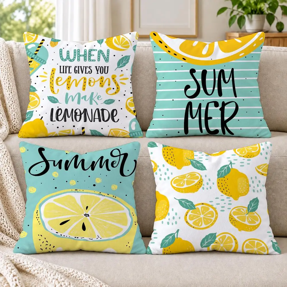 4PC Refreshing Summer Lemon Cushion Cover Soft Plush Double-Sided Print Throw Pillow Cover Home Decor for Sofa Living Room