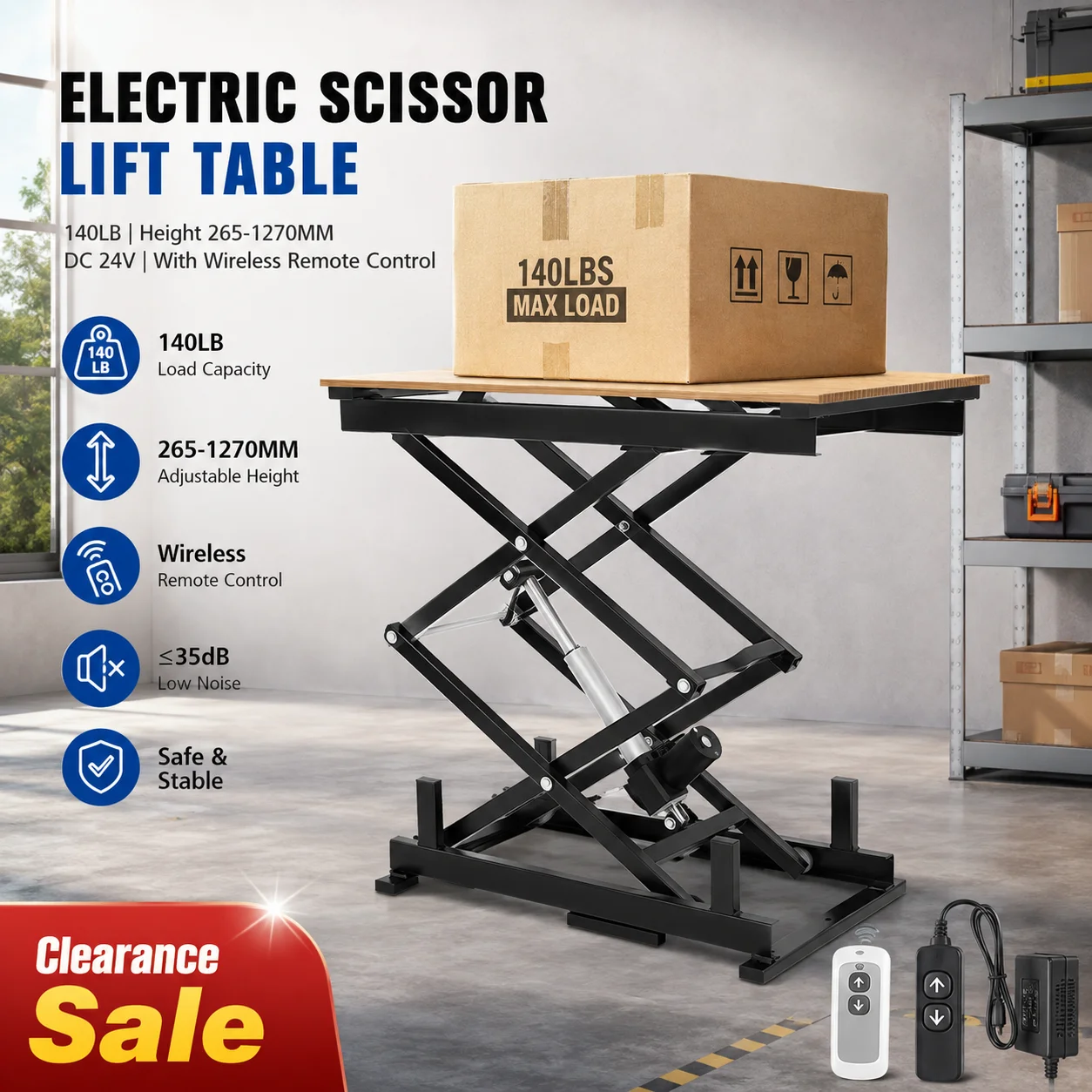Electric Scissor Lift Table 140LBS DC 24V Hydraulic Lift Table 265-1270mm Height Adjustable with Wireless Remote Control Self-Locking Heavy Duty Iron Lift Table for Material Handling and Transportation Warehouse Factory Cargo Lifting