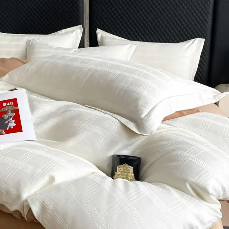 4Pcs 100% Cotton Bedding Set Queen Size White Satin Jacquard Grid Duvet Cover Set Pillowcase Couple Double Bed Flat Sheet
