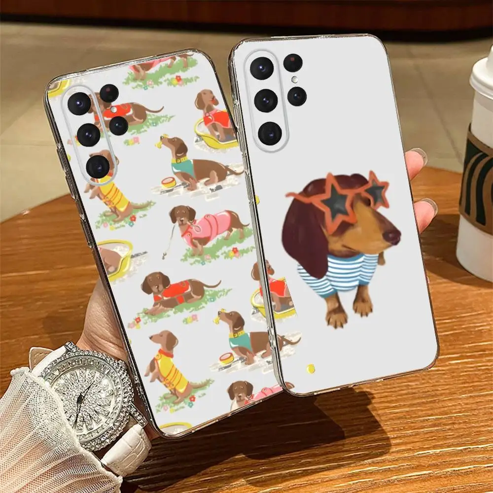 

Cartoon Cute Dachshund Phone Case For Samsung S24,30,21,22,23,20 FE,lite,PIus,Ultra,5G,Note,9,10 Transparent Cover