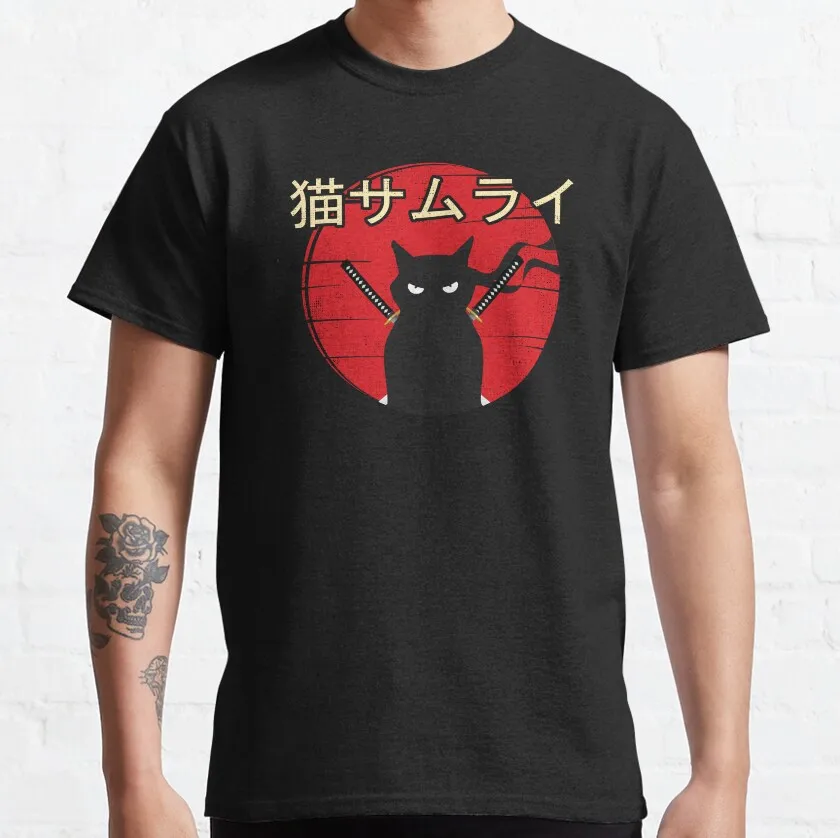 

Vintage Samurai Ninja Cat Japanese Vintage Sunset japan black cat funny T-Shirt plus size 100% cotton printed men's clothing