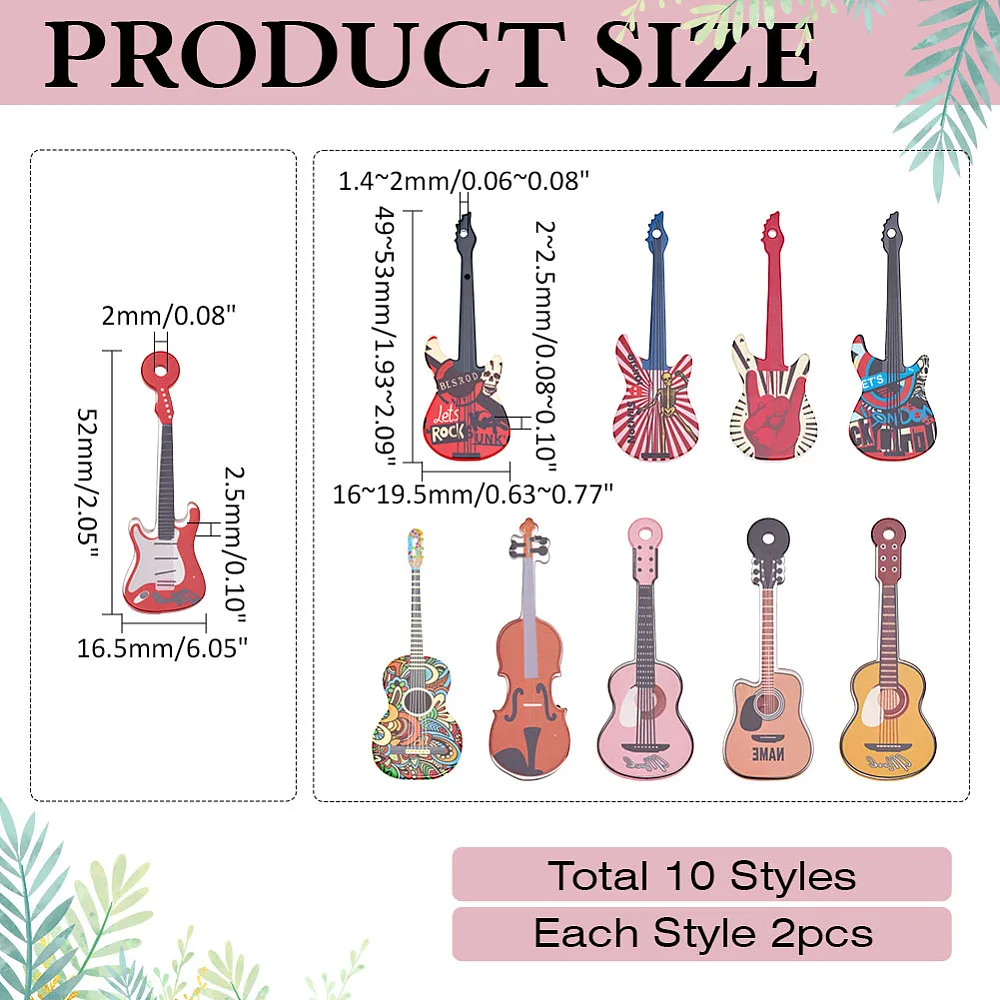 20Pcs Guitar Charms 10 Style Arcylic Guitar Instrument Large Pendant 50×16×2mm Musical Symbol Pendants with Loop for Jewelry
