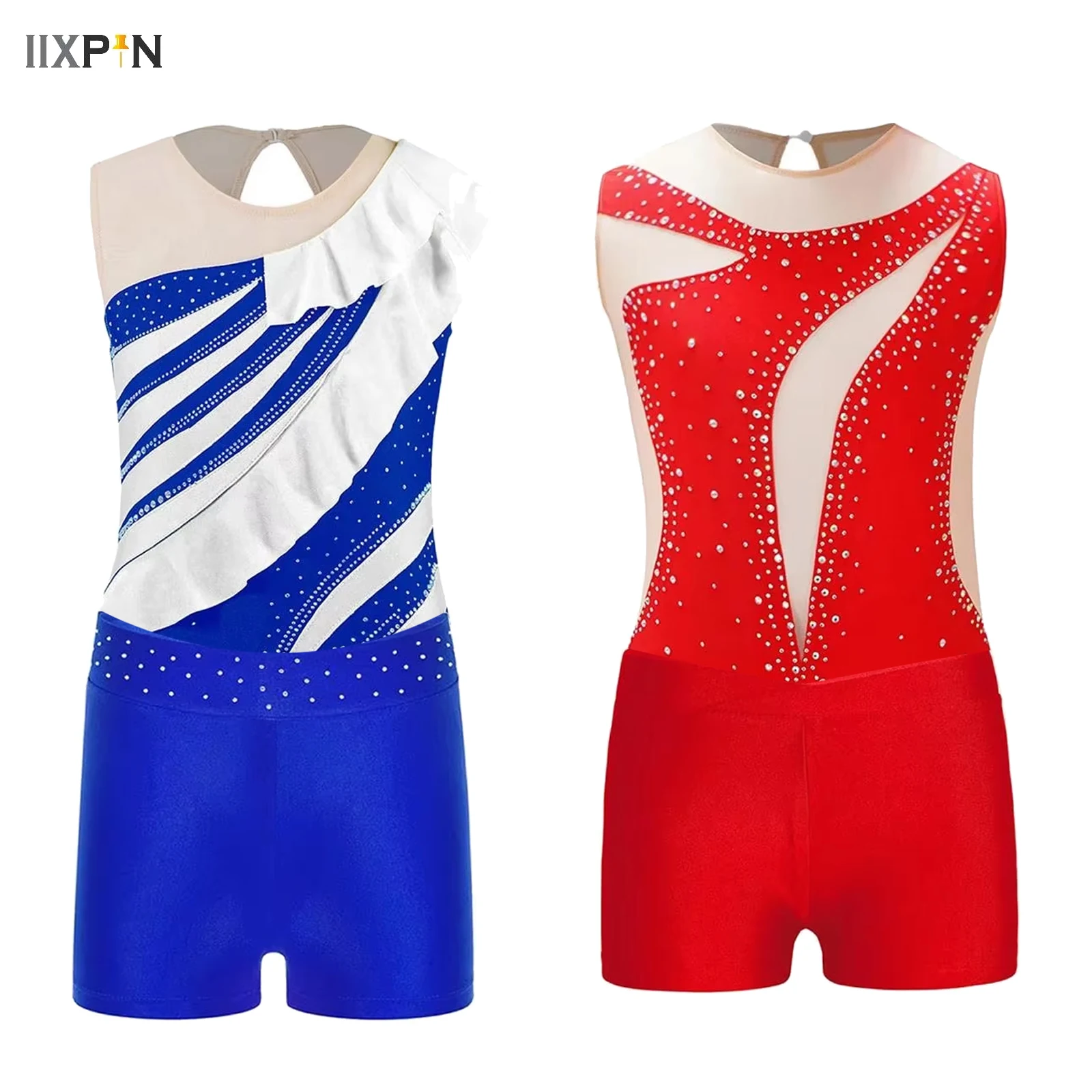 

Kids Girls Ballet Dance Outfits Acrobatics Rhythmic Gymnastic Leotard with Shorts Set Figure Skating Jumpsuit Bodysuit Dancewear