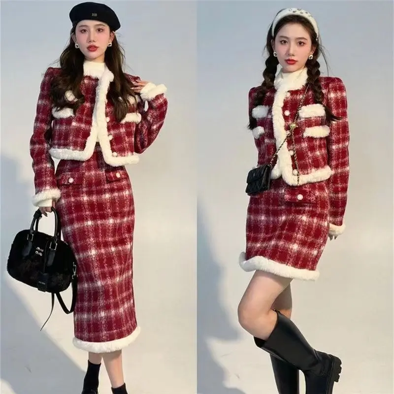 Winter Spring Warm Two Piece Skirt Set Plaid Woolen Jacket Paired with Half Skirt Red Plaid Fur Coat Women with Long Skirt